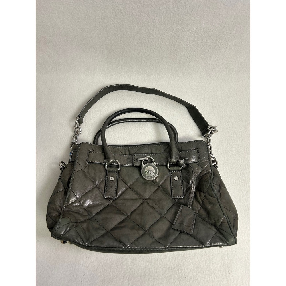 Y2K Edgy Moto Michael Kors Womens Medium Gray Quilted Leather Hamilton Satchel